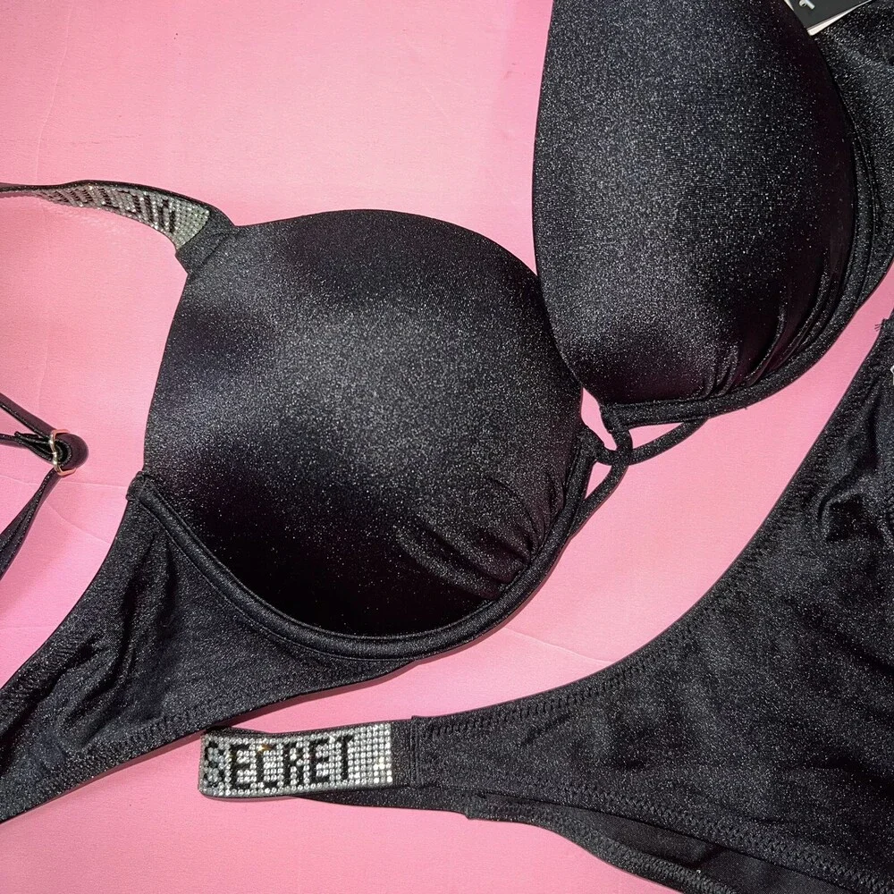 Victoria's Secret 34C BOMBSHELL BIKINI XS,S,M brazilian BOTTOM shine strap BLACK - Picture 3 of 4